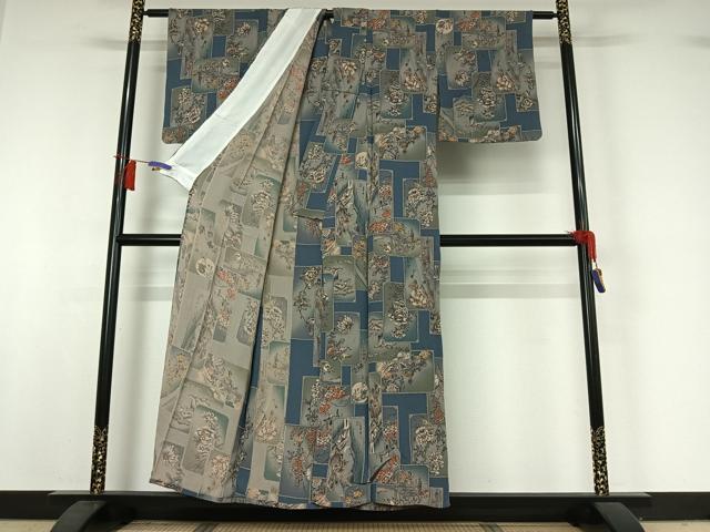 平和屋着物▽上質な小紋 単衣 手描き 風景花鳥文 暈し染め 金彩 鬼しぼ縮緬 正絹 逸品 AABH9828jh