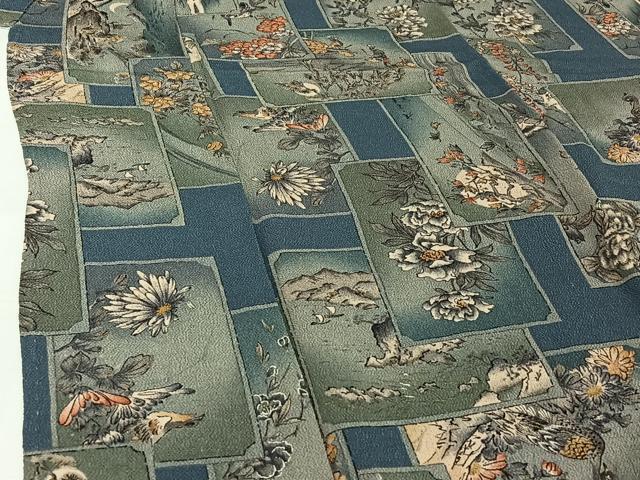 平和屋着物▽上質な小紋 単衣 手描き 風景花鳥文 暈し染め 金彩 鬼しぼ縮緬 正絹 逸品 AABH9828jh