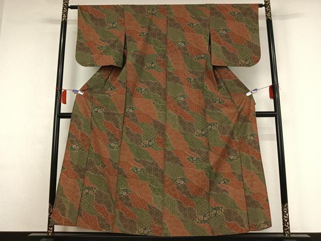 平和屋着物▽小紋 単衣 地紙花文 洗える着物 AABH9842jh