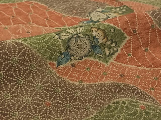 平和屋着物▽小紋 単衣 地紙花文 洗える着物 AABH9842jh