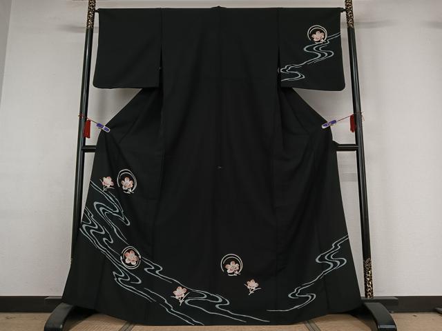 平和屋着物▽訪問着 単衣 流水花文 黒地 金彩 洗える着物 AABH9849jh