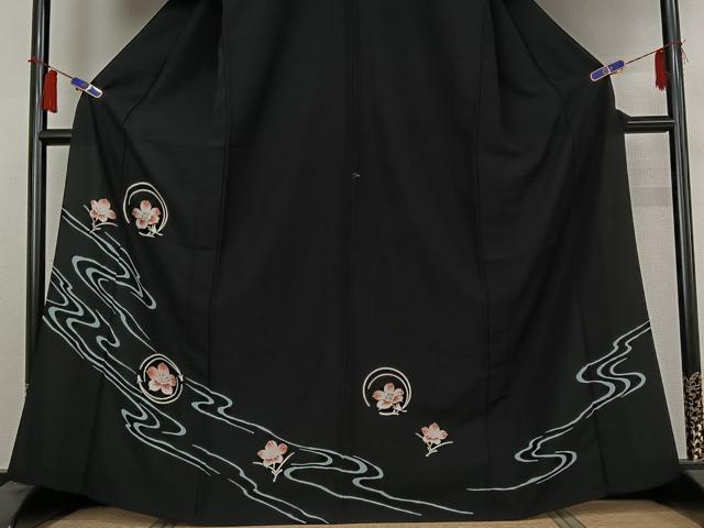 平和屋着物▽訪問着 単衣 流水花文 黒地 金彩 洗える着物 AABH9849jh