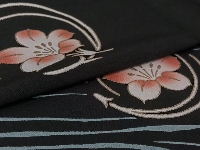 平和屋着物▽訪問着 単衣 流水花文 黒地 金彩 洗える着物 AABH9849jh