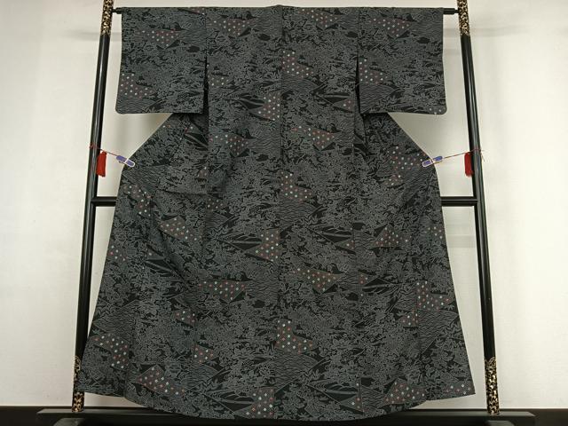 平和屋着物▽小紋 単衣 流水風景花文 黒地 洗える着物 AABH9855jh