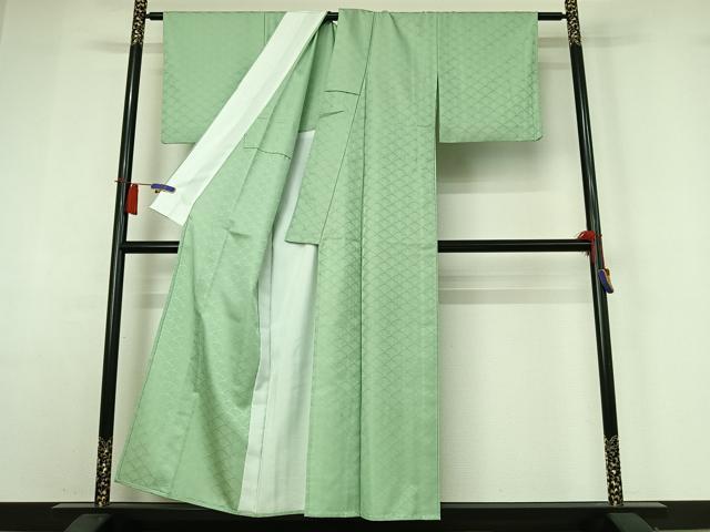 平和屋着物▽色無地 単衣 青海波地紋 薄萌葱色 洗える着物 AABH9863jh