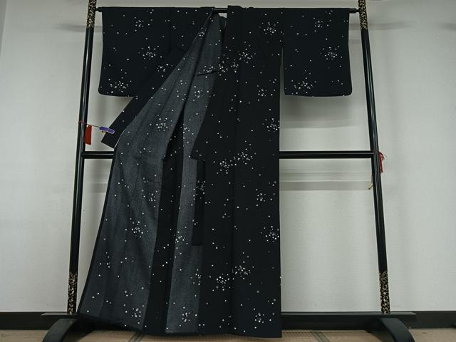 平和屋着物▽上質な小紋 単衣 箔散らし文様 黒地 正絹 逸品 AABH9876jh