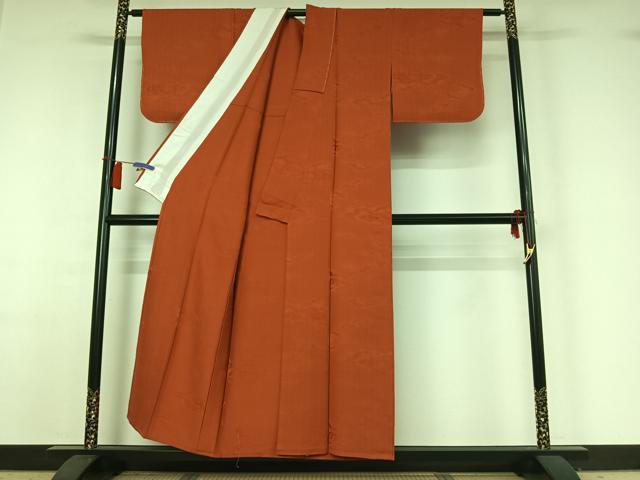 平和屋着物▽上質な色無地 単衣 雲取り地紋 煉瓦色 正絹 逸品 AABH9877jh