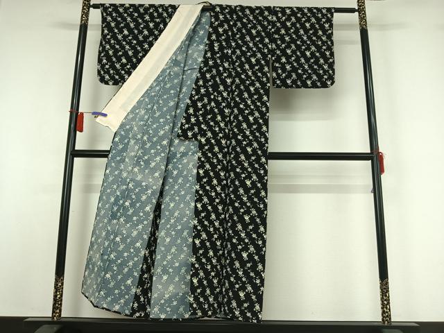 平和屋着物▽上質な小紋 単衣 草花文 黒地 正絹 逸品 AABH9894jh