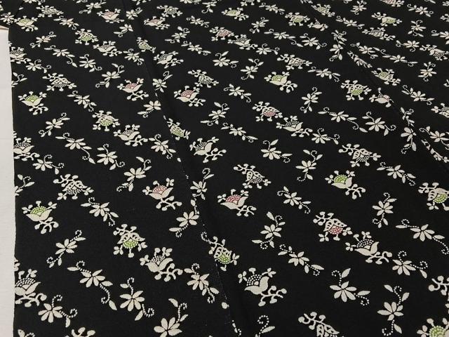 平和屋着物▽上質な小紋 単衣 草花文 黒地 正絹 逸品 AABH9894jh
