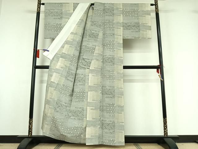 平和屋着物▽上質な紬 単衣 麻の葉間道 正絹 逸品 AABH9901jh