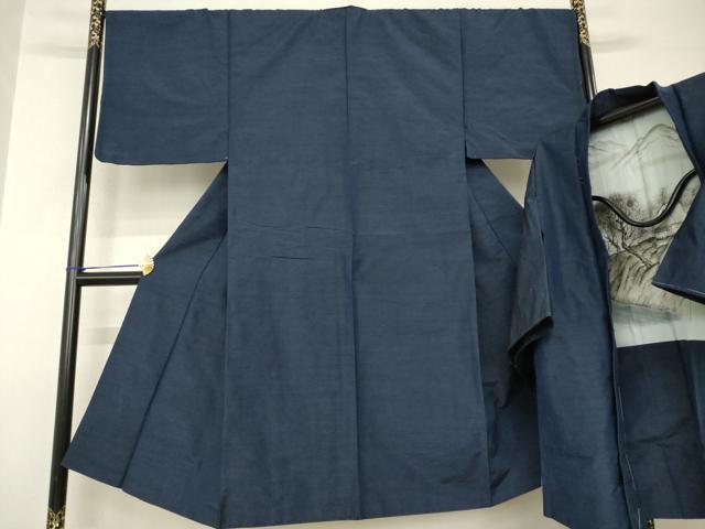 平和屋着物●男性 紬 アンサンブル 色無地 青褐色 正絹 逸品 AABH9930ck