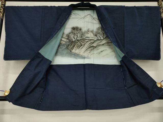 平和屋着物●男性 紬 アンサンブル 色無地 青褐色 正絹 逸品 AABH9930ck