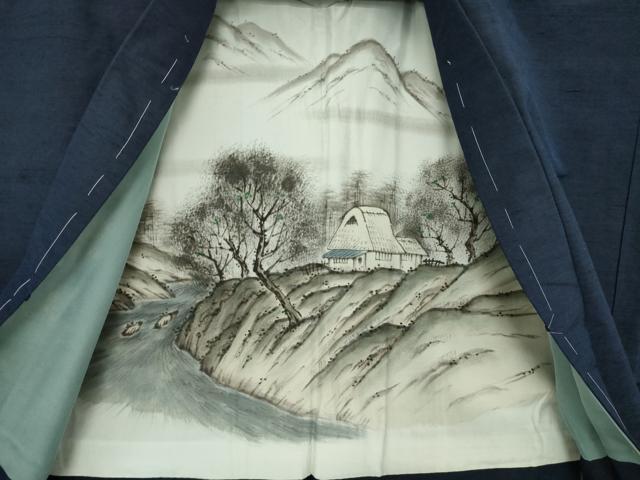 平和屋着物●男性 紬 アンサンブル 色無地 青褐色 正絹 逸品 AABH9930ck