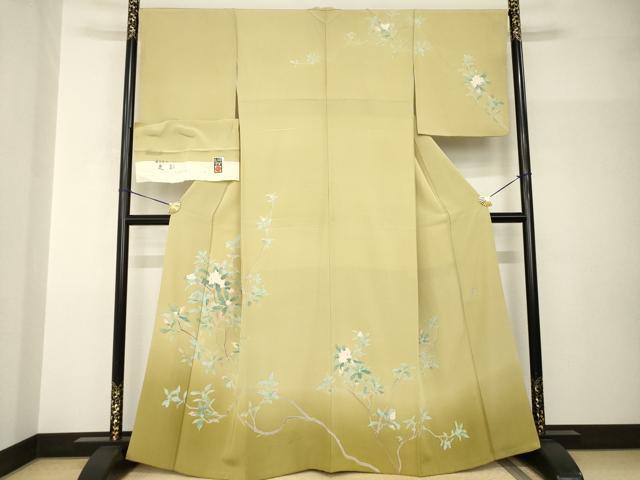 平和屋着物●名匠・初代由水十久師事 本加賀友禅作家 竹内銀風 訪問着 枝花文 反端付き 正絹 逸品 AABH9981ck