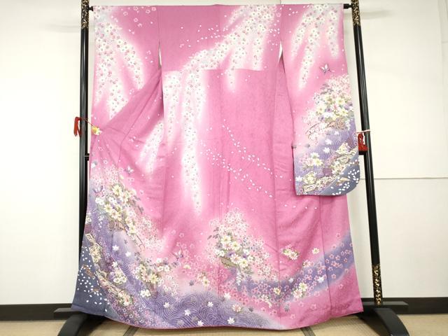 平和屋着物●豪華振袖 刺繍 花車舞蝶文 暈し染め 金糸 金彩 正絹 逸品 AABI0008cs