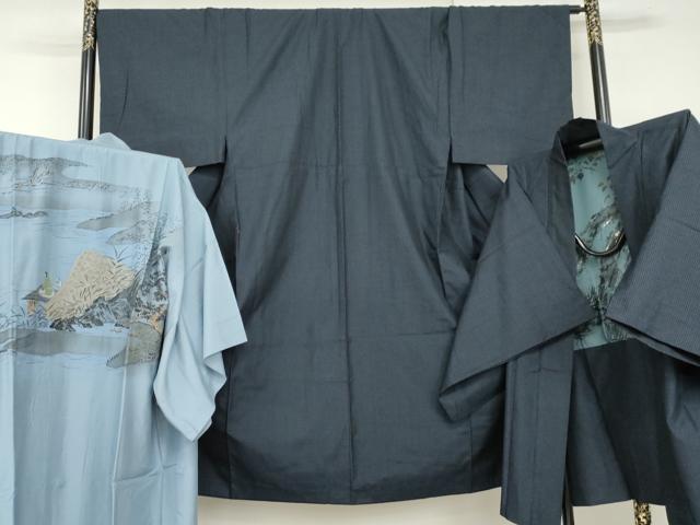 平和屋着物●男性 紬 アンサンブル・長襦袢(袷)セット 格子 羽裏:雀 正絹 逸品 AABI0010cs