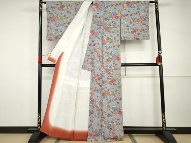 平和屋着物●民芸小紋紅型 小紋 花蝶文 反端付き 正絹 逸品 AABI0014cs