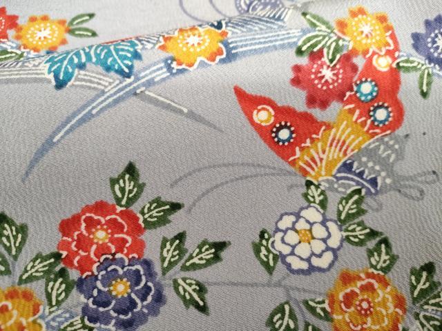 平和屋着物●民芸小紋紅型 小紋 花蝶文 反端付き 正絹 逸品 AABI0014cs