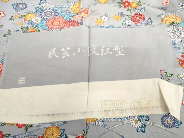 平和屋着物●民芸小紋紅型 小紋 花蝶文 反端付き 正絹 逸品 AABI0014cs