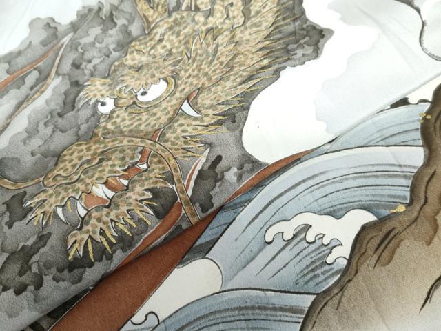 平和屋着物●男性 長襦袢 袷 手描き 立波に龍 暈し染め 金彩 正絹 逸品 AABI0036cs