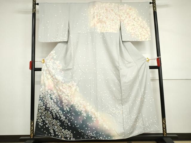 平和屋着物●訪問着 舞桜文 暈し染め 銀通し地 正絹 逸品 未使用 AABI0043cs