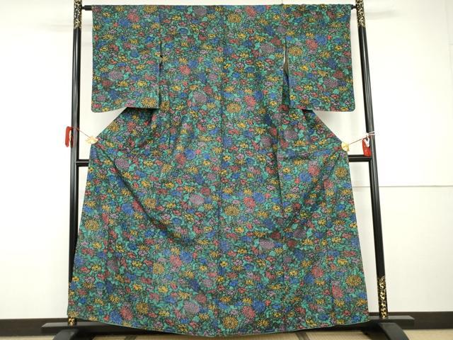 平和屋着物●上質な小紋 紬地 型染め 草花文 正絹 逸品 未使用 AABI0054cs