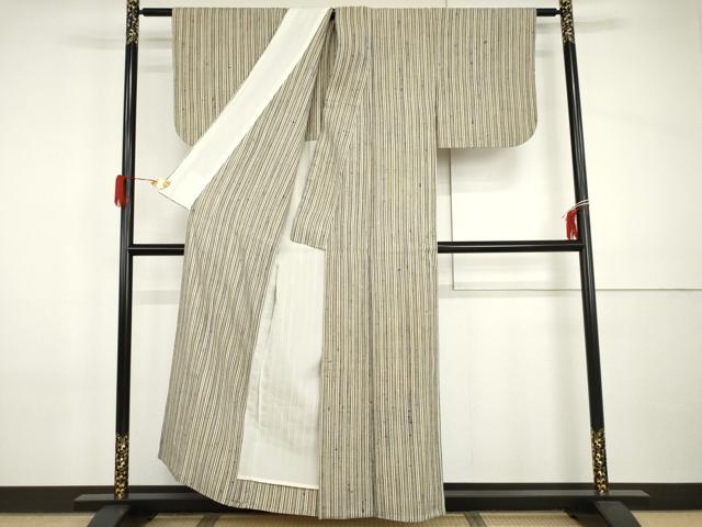 平和屋着物▽浦野理一 経節紬 単衣 縞 たとう紙付き 正絹 逸品 AABI0072cs