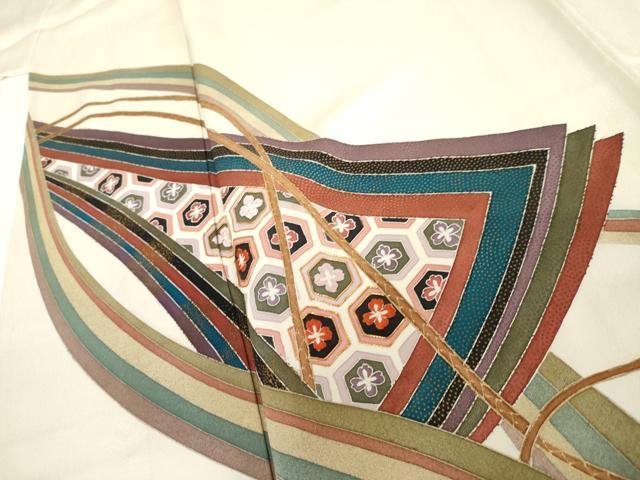 平和屋着物▽訪問着 単衣 友禅 駒刺繍 亀甲花文 金彩 正絹 逸品 AABI0099cs