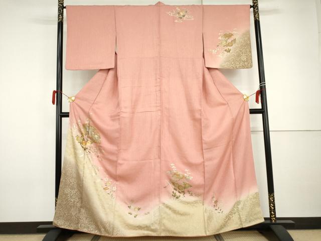 平和屋着物●訪問着 駒刺繍 御所車扇面花文 暈し染め 金彩 正絹 逸品 AABI0106cs