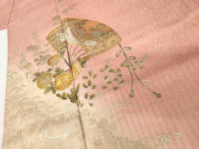 平和屋着物●訪問着 駒刺繍 御所車扇面花文 暈し染め 金彩 正絹 逸品 AABI0106cs