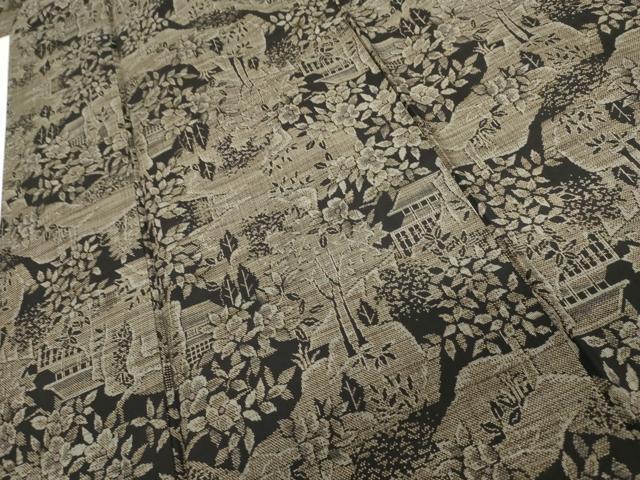 平和屋着物●本場大島紬 カタス9マルキ 風景草花文 黒地 正絹 逸品 AABI0115cs