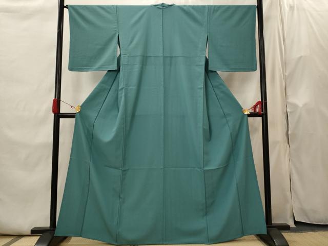 平和屋着物▽色無地 単衣 紋意匠 青碧色 洗える着物 AABI0128st