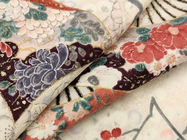 平和屋着物▽上質な小紋 単衣 扇枝花文 暈し染め 金彩 正絹 逸品 AABI0150st