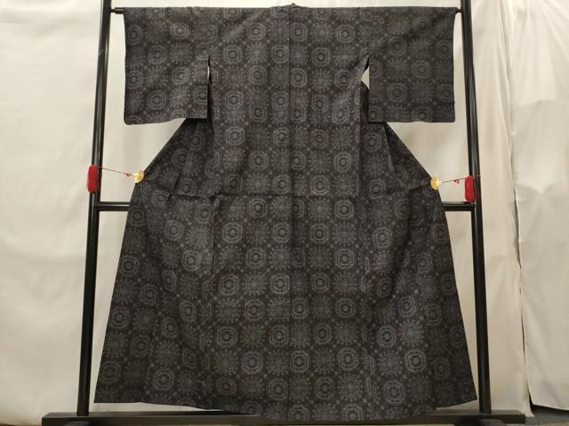 平和屋着物▽本場結城紬 重要無形文化財 単衣 市松花文 正絹 逸品 AABI0151st
