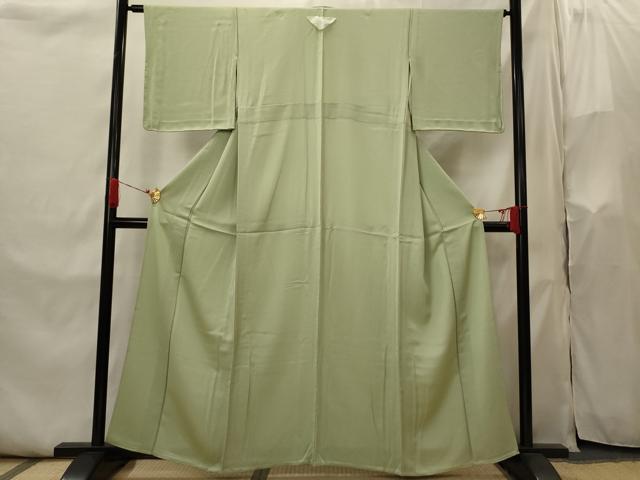 平和屋着物▽京都の和装業の老舗一門 千切屋 色無地 単衣 寿光織 紋意匠 染柳色 反端付き 正絹 逸品 未使用 AABI0155st