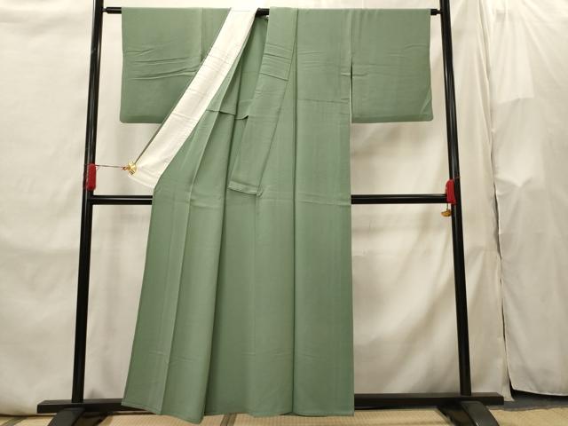 平和屋着物▽上質な色無地 単衣 紋意匠 木賊色 正絹 逸品 AABI0158st