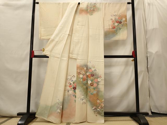 平和屋着物▽訪問着 単衣 友禅 作家物 駒刺繍 草花文 暈し染め 金彩 正絹 逸品 AABI0165st