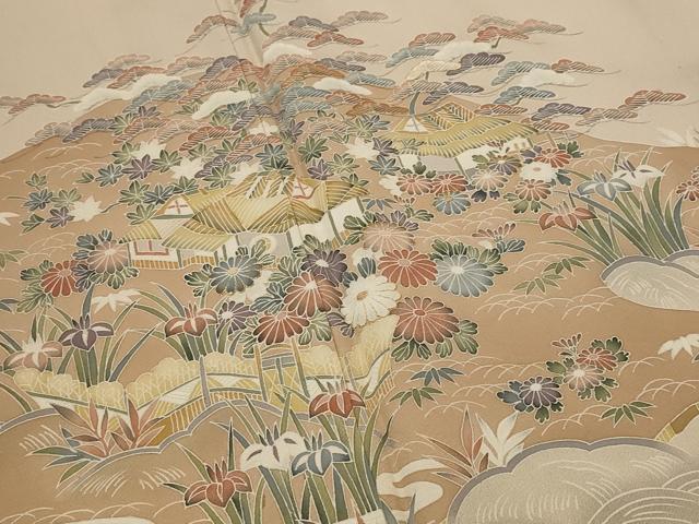 平和屋着物▽訪問着 単衣 友禅 風景花松文 金糸 正絹 逸品 AABI0169st