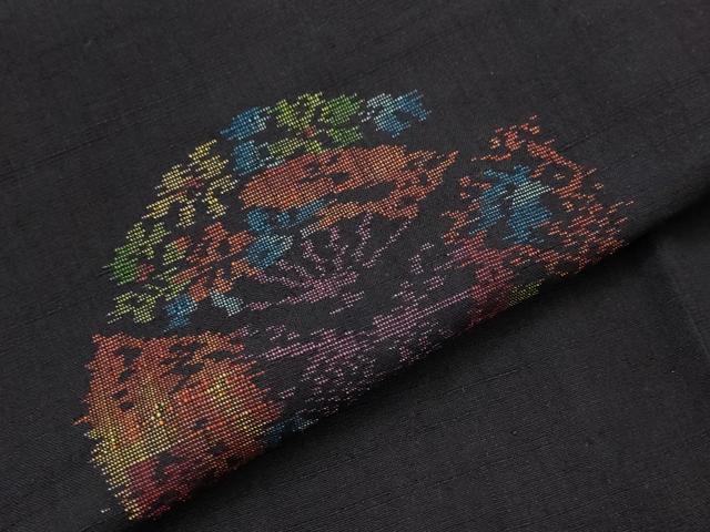 平和屋着物▽上質な紬 単衣 扇花丸文 正絹 逸品 AABI0181st