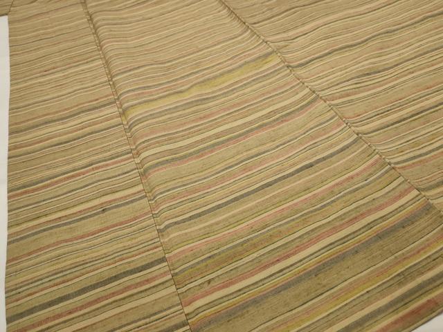 平和屋着物▽信州つむぎ 単衣 草木染手織 横段文 正絹 逸品 AABI0184st