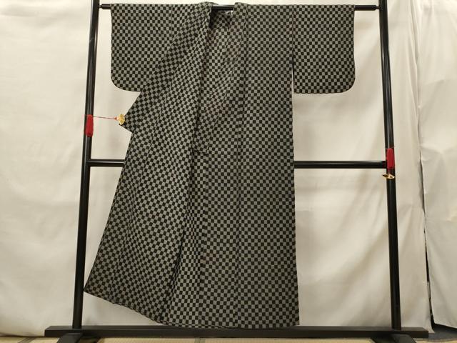 平和屋着物▽上質な紬 単衣 市松文様 正絹 逸品 AABI0189st