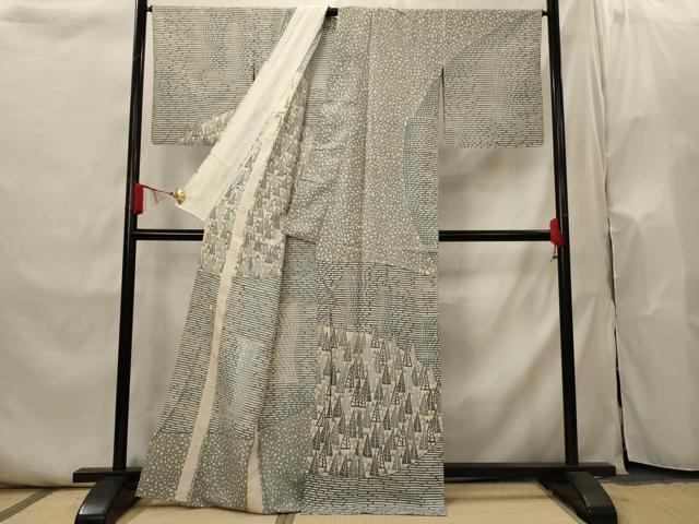 平和屋着物▽訪問着 単衣 紬地 型染め 樹林文 正絹 逸品 AABI0209st