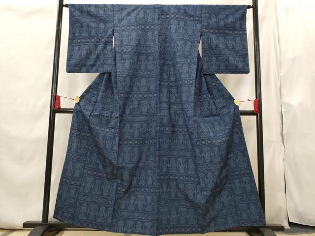 平和屋着物▽上質な紬 単衣 横段花文 正絹 逸品 AABI0219st