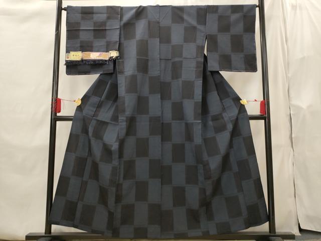 平和屋着物▽本塩沢 単衣 やまだ織 市松文様 正絹 逸品 未使用 AABI0229st