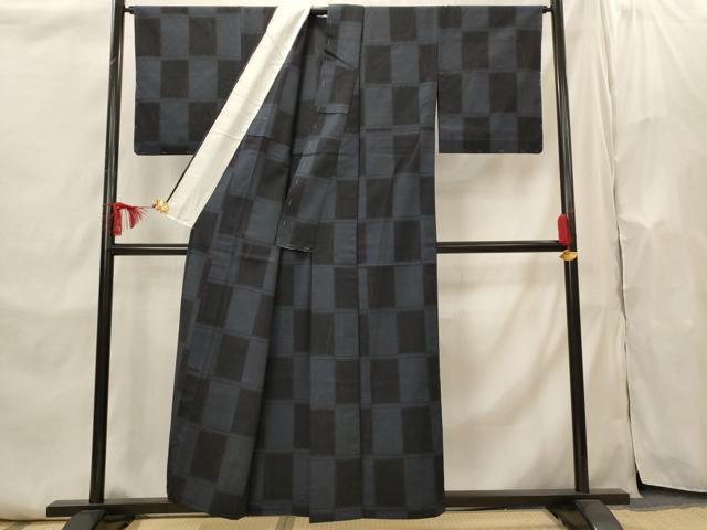 平和屋着物▽本塩沢 単衣 やまだ織 市松文様 正絹 逸品 未使用 AABI0229st