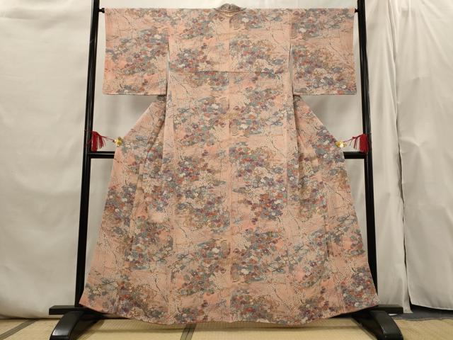 平和屋着物□上質な小紋 流水花鳥文 鬼しぼ縮緬 正絹 逸品 AABI0264st