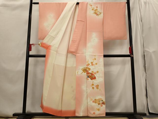 平和屋着物■訪問着 友禅 駒刺繍 地紙枝花文 暈し染め 金彩 正絹 逸品 AABI0293st
