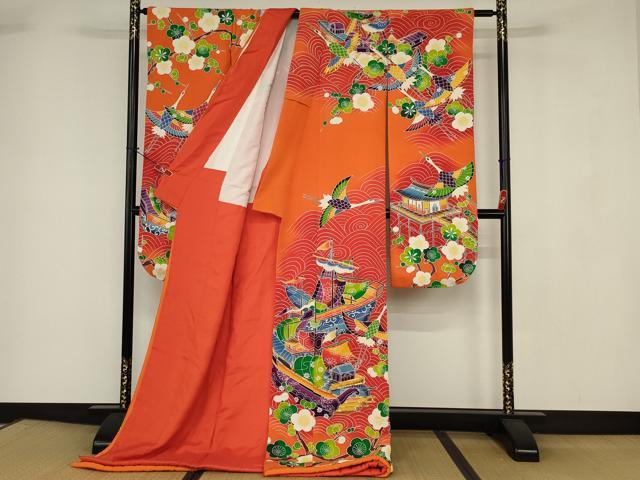 平和屋本店▼お引きずり・お引き摺り・引き振袖 和装 結婚式 舞妓 芸妓 芸者 衣装 駒刺繍 飛鶴風景花文 暈し染め AABI0339ou