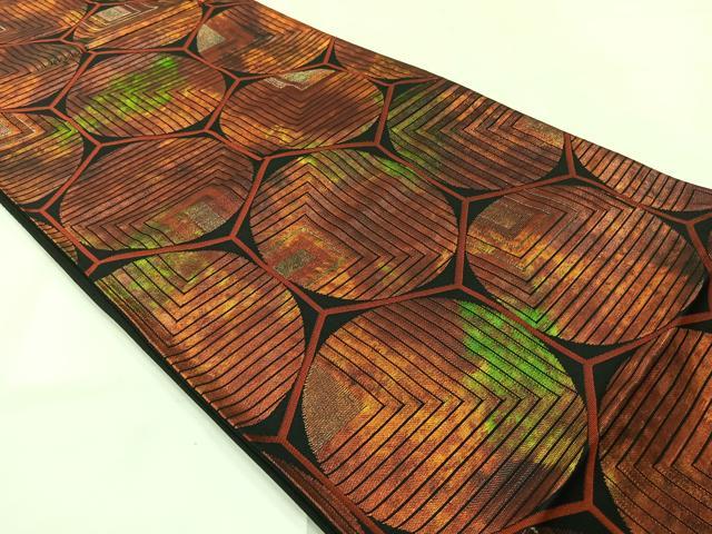 平和屋着物◎六通柄袋帯 亀甲文 黒地 引箔 正絹 逸品 AABI0365uk