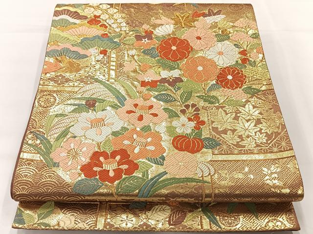 平和屋着物◎六通柄袋帯 唐織 草花文 金糸 正絹 逸品 AABI0368uk